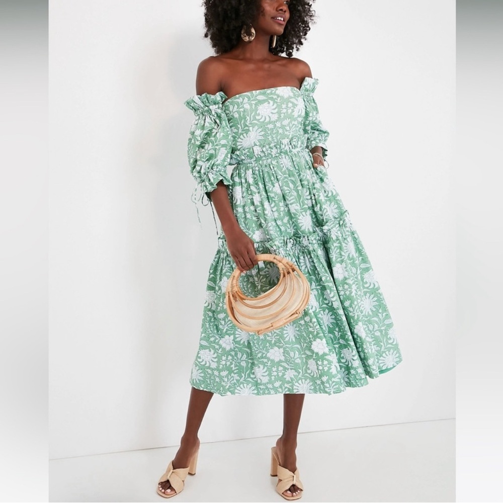 Green Ruffled Tiered Off-Shoulder Midi Dress